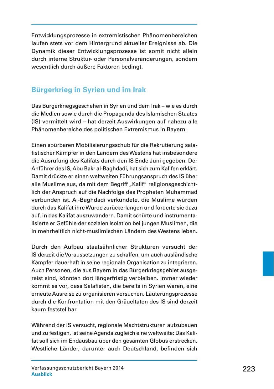 Seite 225 des Verfassungsschutzbericht 2014 Bayern