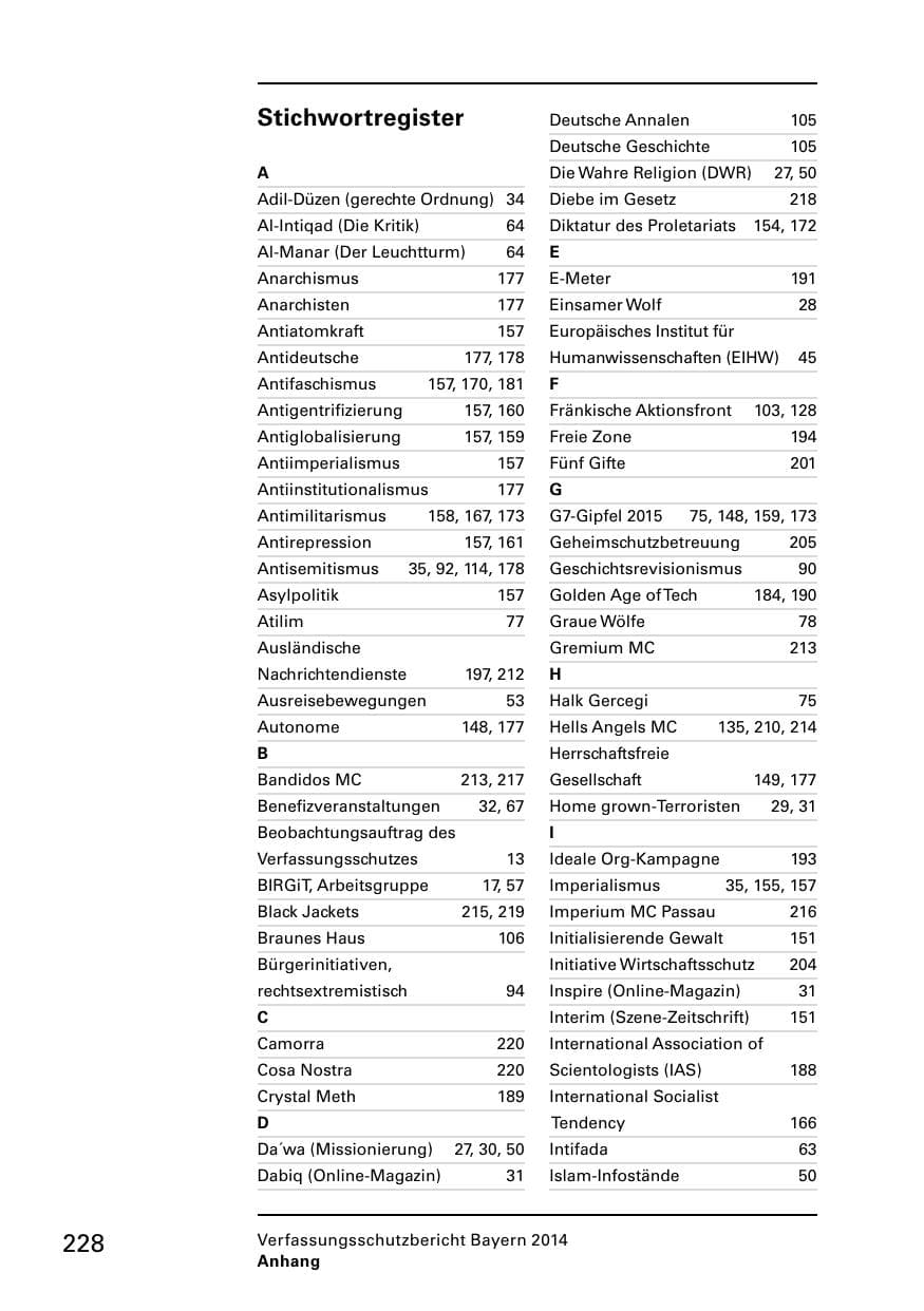 Seite 230 des Verfassungsschutzbericht 2014 Bayern