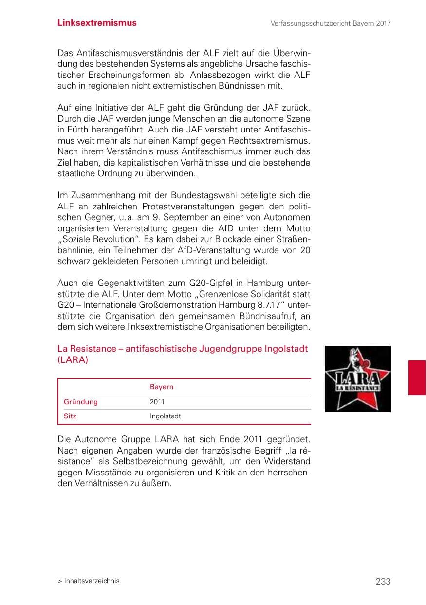 Seite 233 des Verfassungsschutzbericht 2017 Bayern