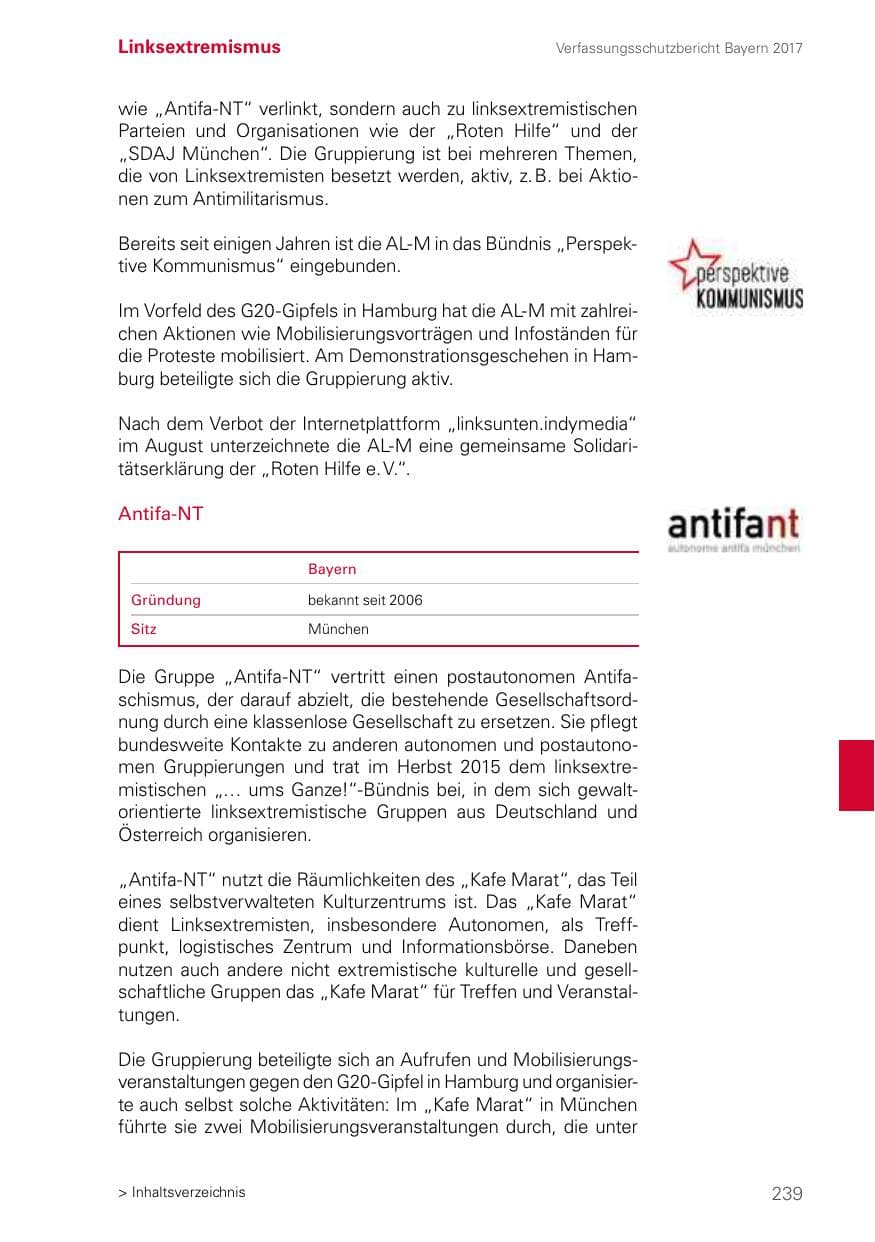 Seite 239 des Verfassungsschutzbericht 2017 Bayern