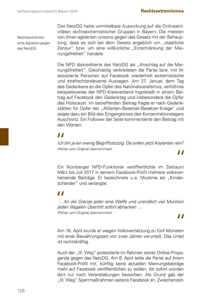 Seite 128 des Verfassungsschutzbericht 2018 Bayern
