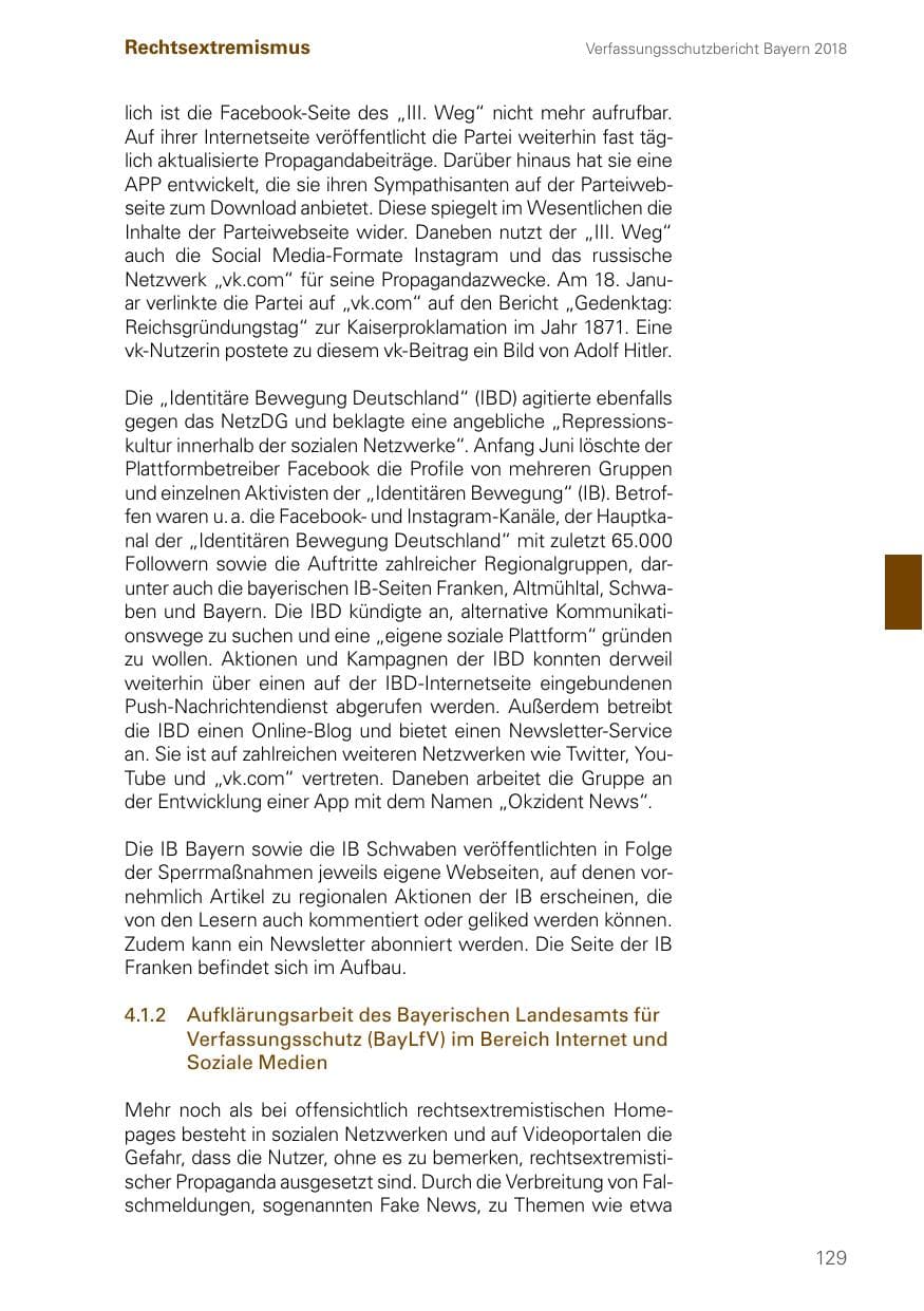 Seite 129 des Verfassungsschutzbericht 2018 Bayern
