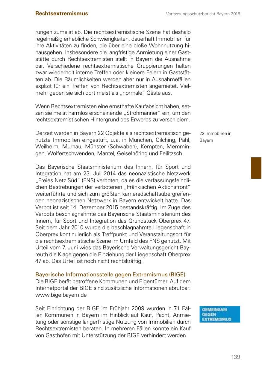 Seite 139 des Verfassungsschutzbericht 2018 Bayern