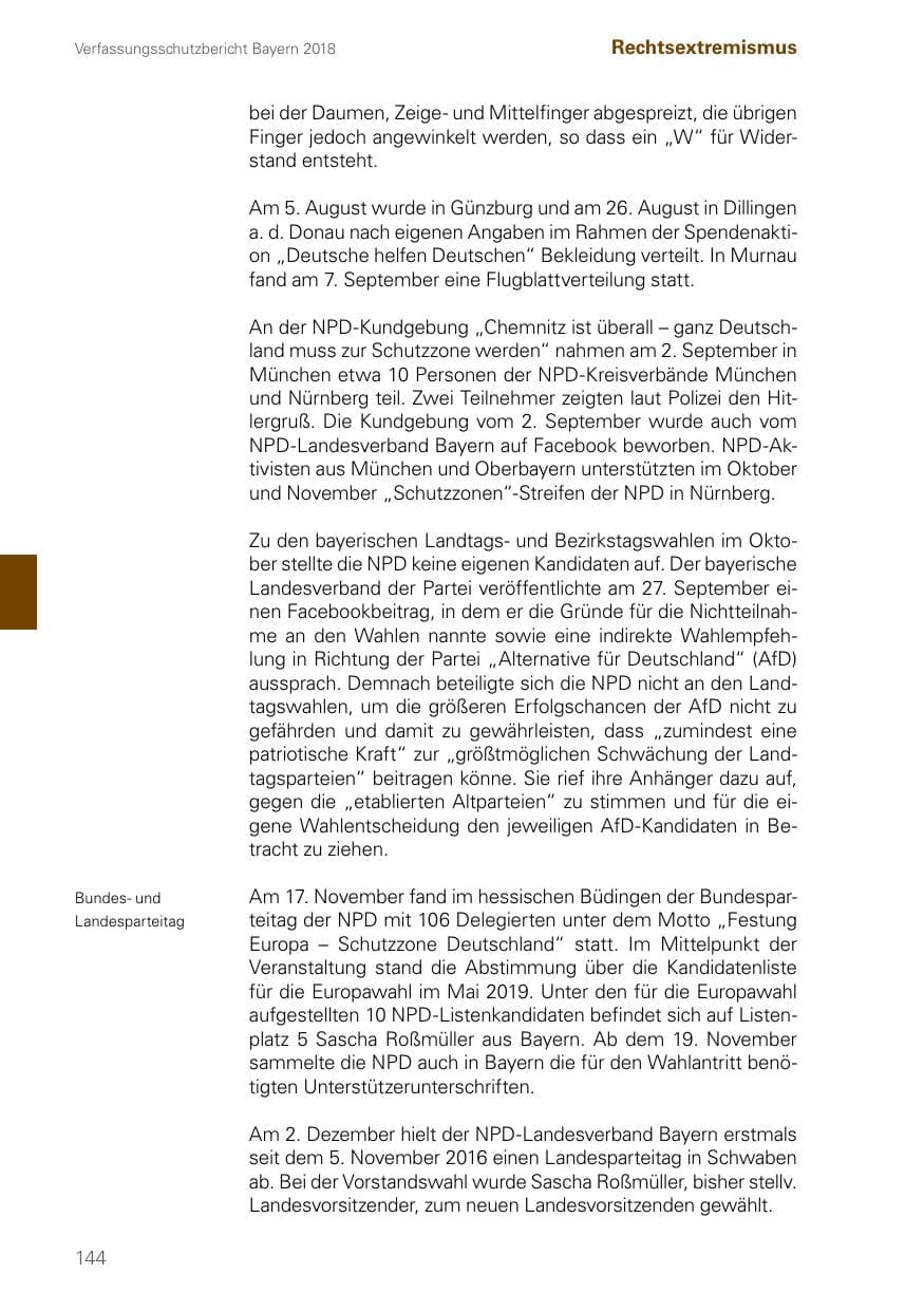 Seite 144 des Verfassungsschutzbericht 2018 Bayern