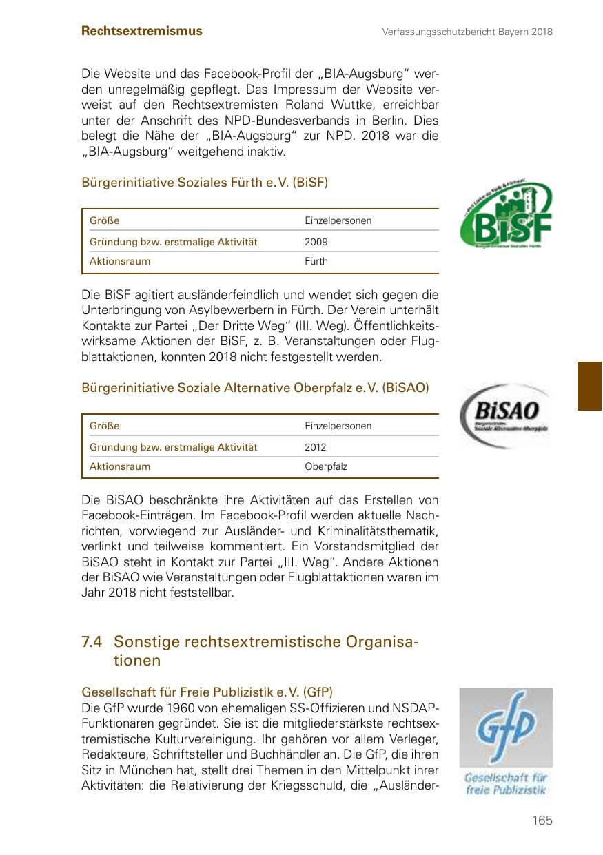 Seite 165 des Verfassungsschutzbericht 2018 Bayern