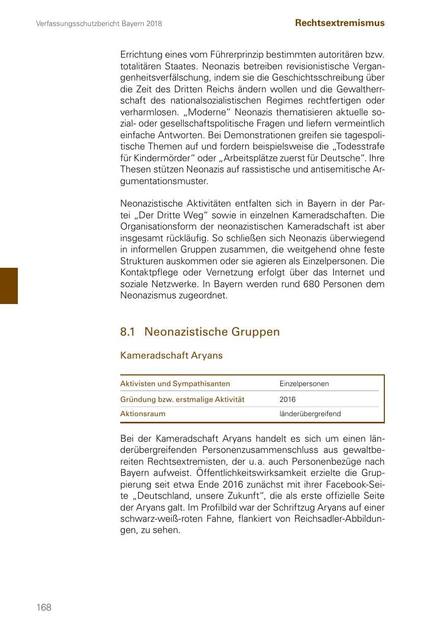 Seite 168 des Verfassungsschutzbericht 2018 Bayern