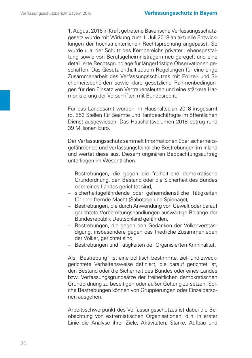 Seite 20 des Verfassungsschutzbericht 2018 Bayern