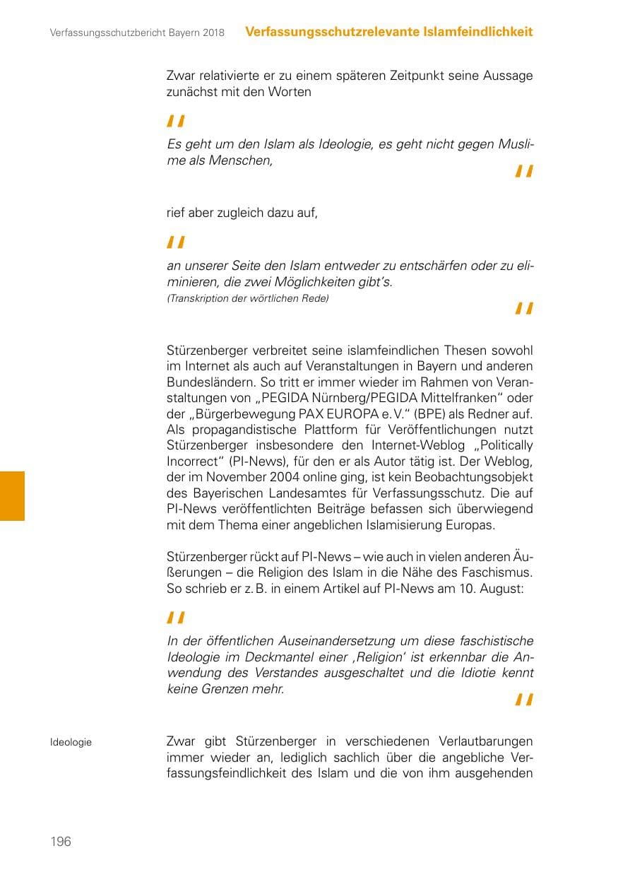 Seite 196 des Verfassungsschutzbericht 2018 Bayern