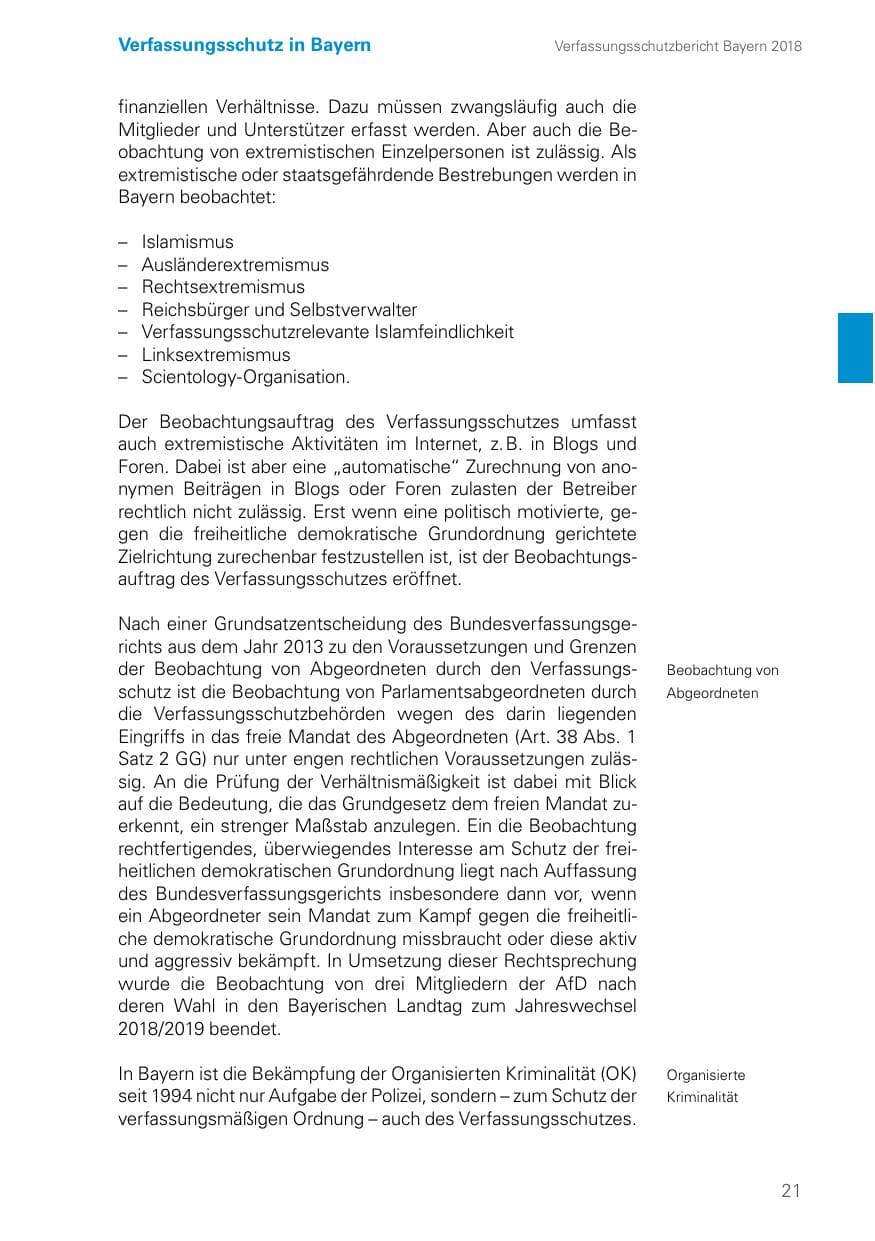 Seite 21 des Verfassungsschutzbericht 2018 Bayern