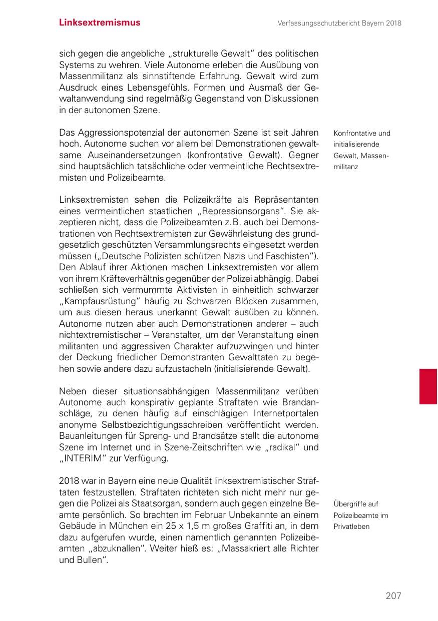Seite 207 des Verfassungsschutzbericht 2018 Bayern