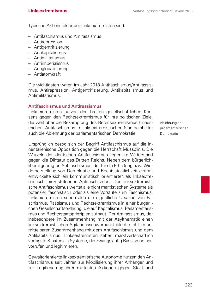 Seite 223 des Verfassungsschutzbericht 2018 Bayern