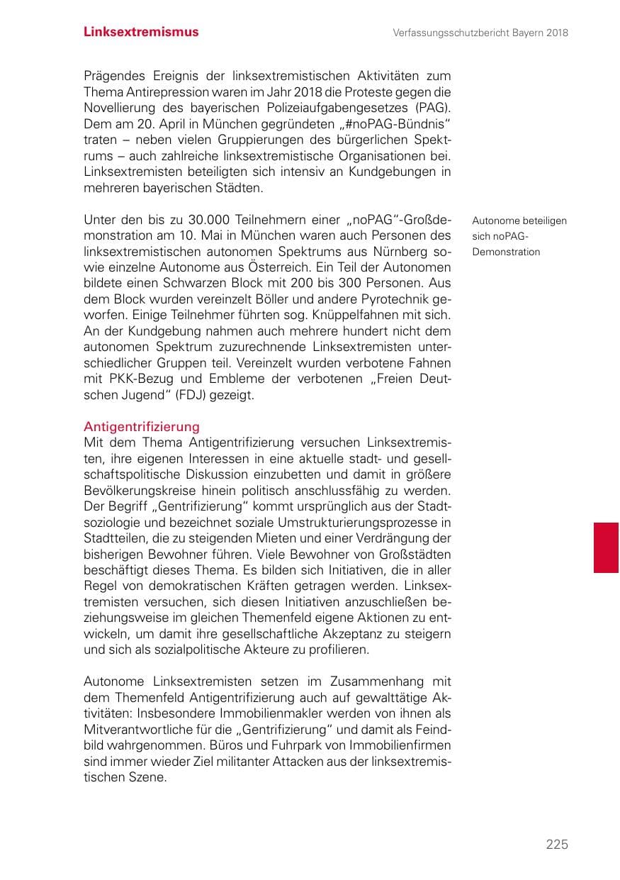 Seite 225 des Verfassungsschutzbericht 2018 Bayern