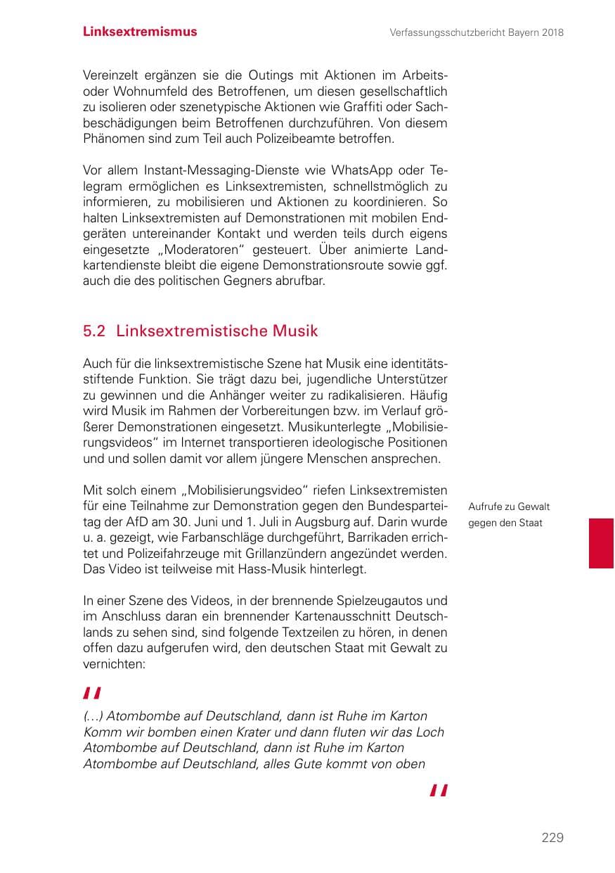 Seite 229 des Verfassungsschutzbericht 2018 Bayern