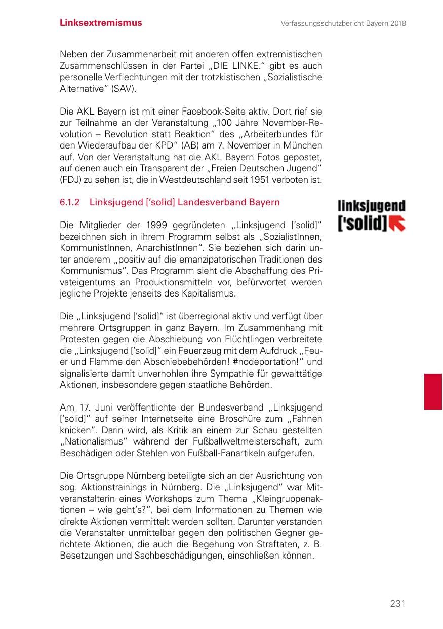 Seite 231 des Verfassungsschutzbericht 2018 Bayern