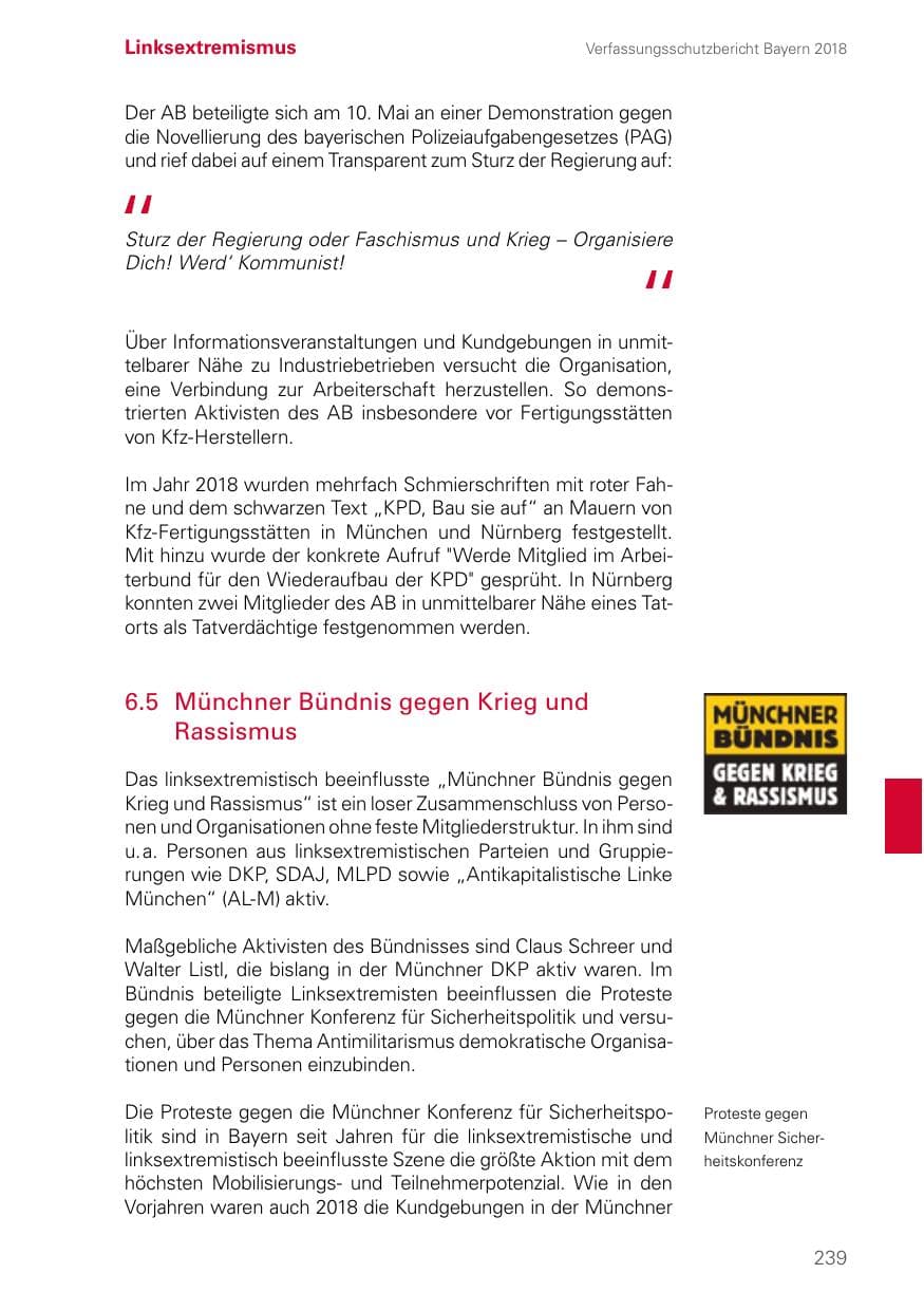 Seite 239 des Verfassungsschutzbericht 2018 Bayern