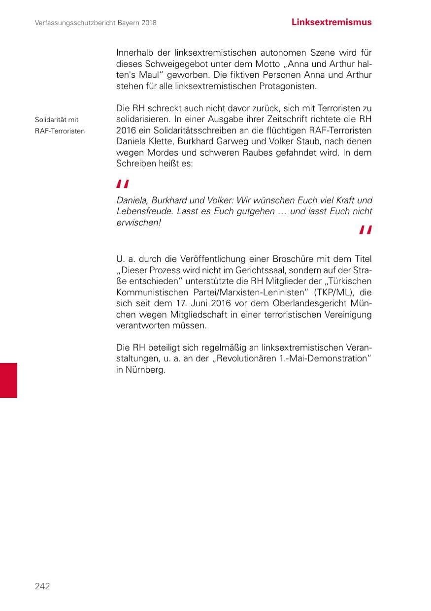 Seite 242 des Verfassungsschutzbericht 2018 Bayern