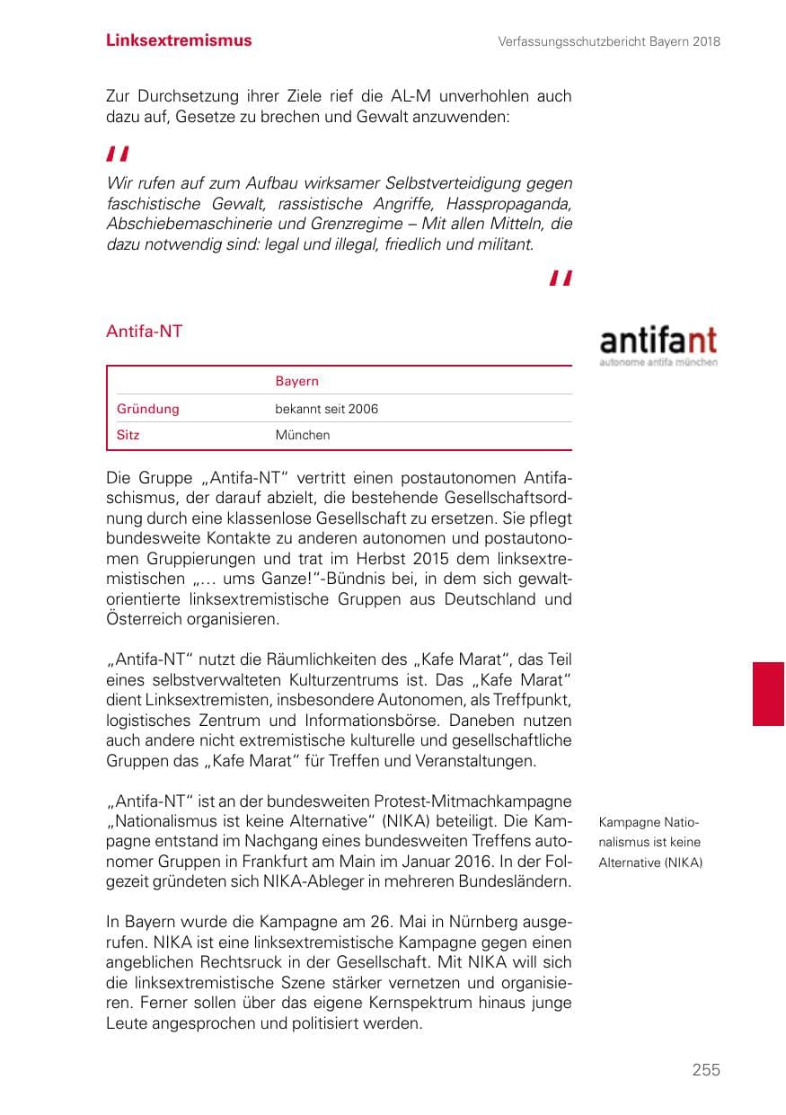 Seite 255 des Verfassungsschutzbericht 2018 Bayern