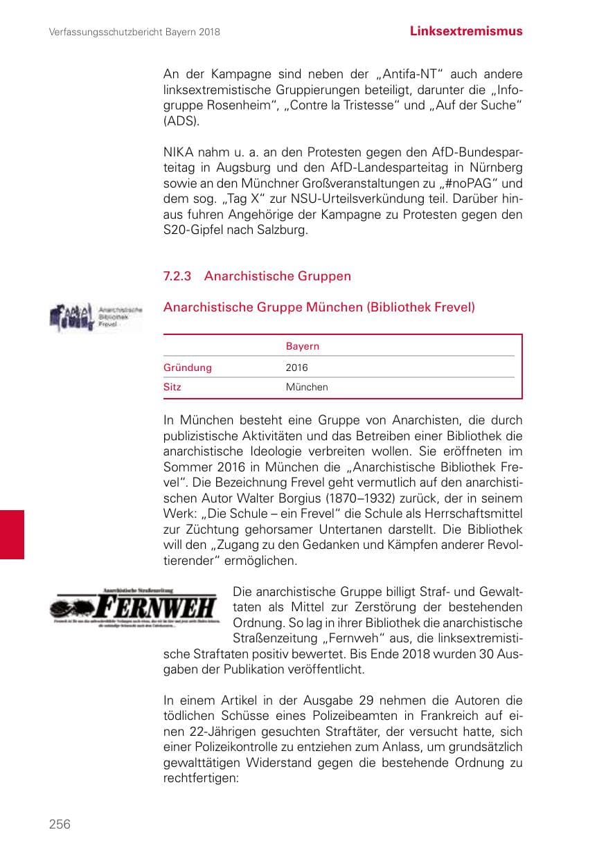 Seite 256 des Verfassungsschutzbericht 2018 Bayern