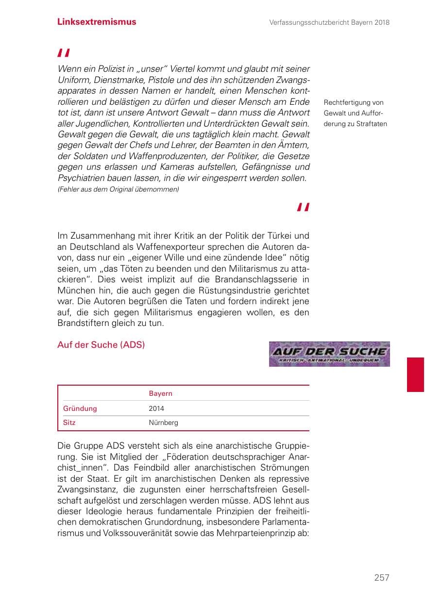Seite 257 des Verfassungsschutzbericht 2018 Bayern