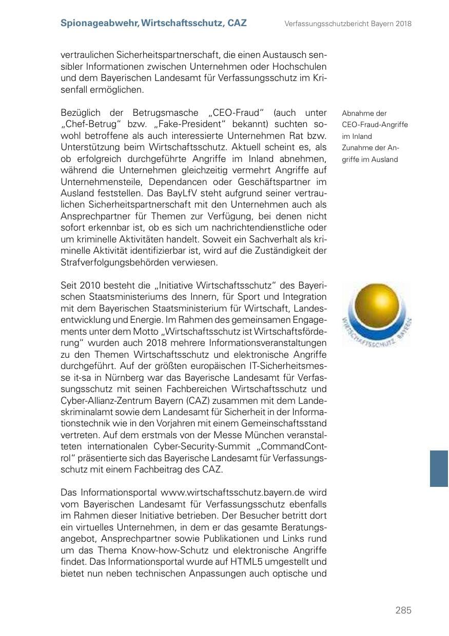 Seite 285 des Verfassungsschutzbericht 2018 Bayern