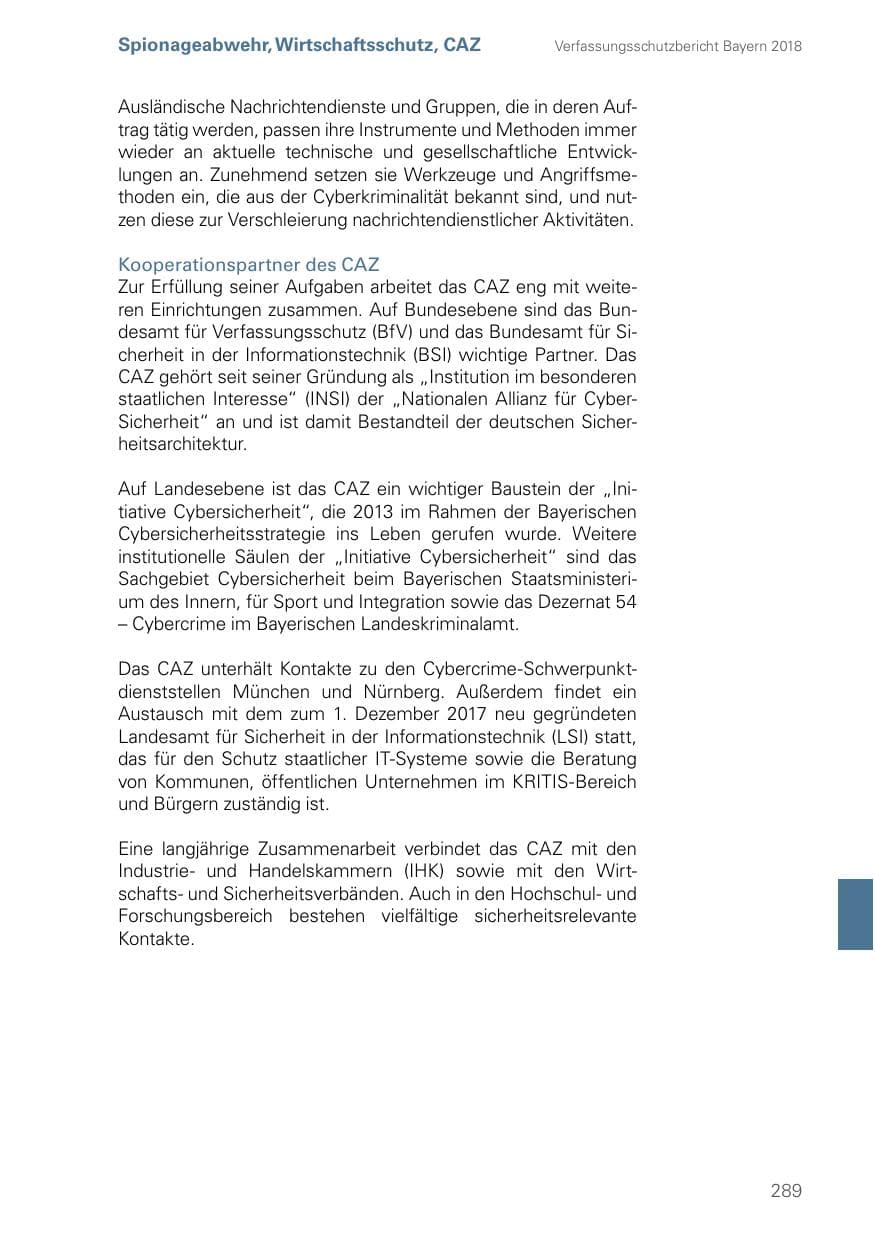 Seite 289 des Verfassungsschutzbericht 2018 Bayern
