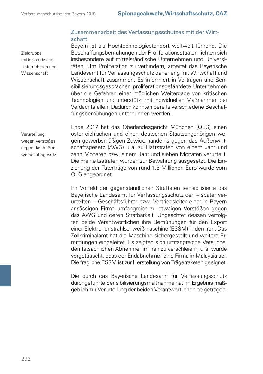 Seite 292 des Verfassungsschutzbericht 2018 Bayern
