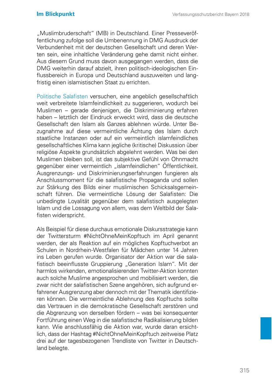 Seite 315 des Verfassungsschutzbericht 2018 Bayern