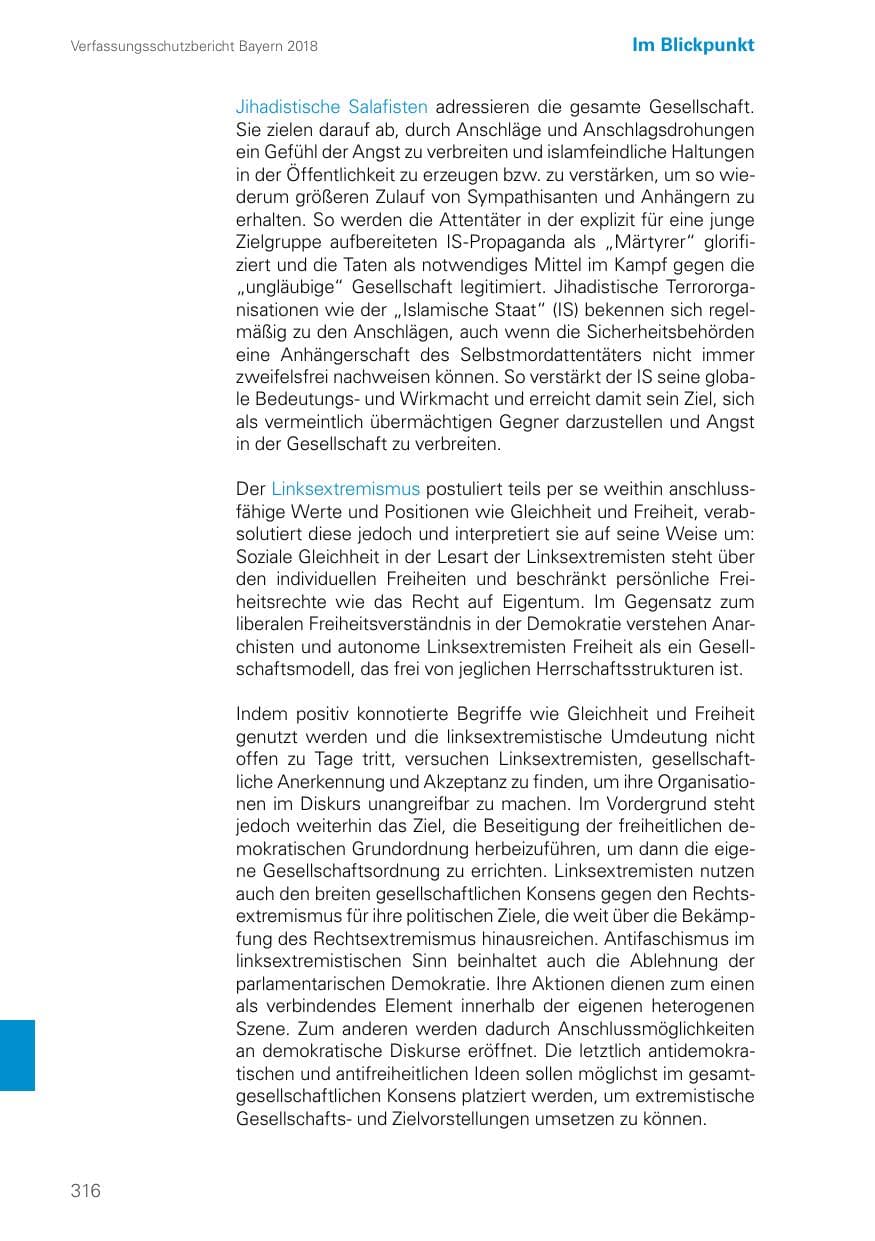 Seite 316 des Verfassungsschutzbericht 2018 Bayern