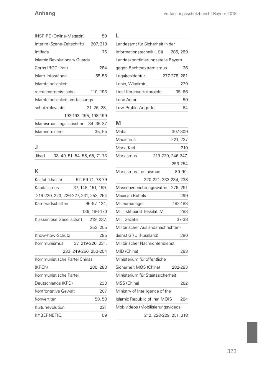 Seite 323 des Verfassungsschutzbericht 2018 Bayern