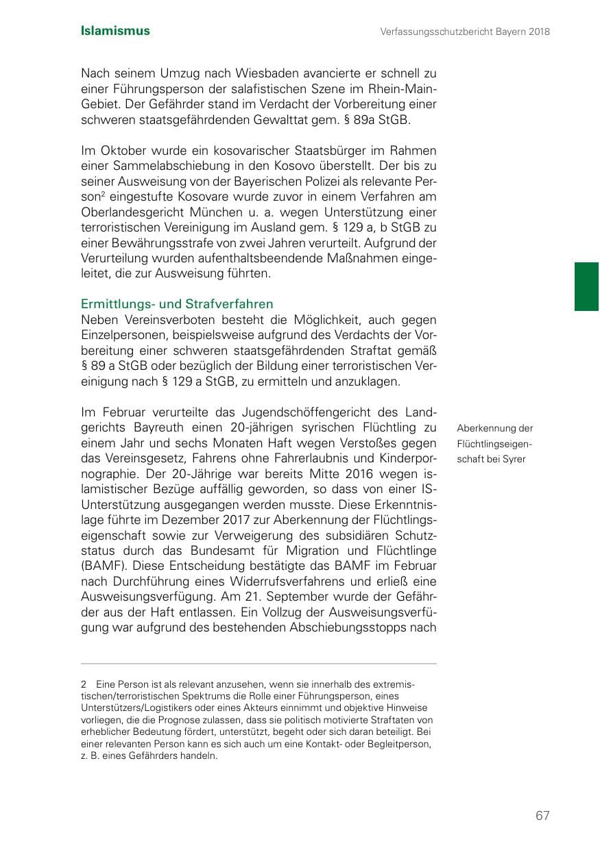Seite 67 des Verfassungsschutzbericht 2018 Bayern