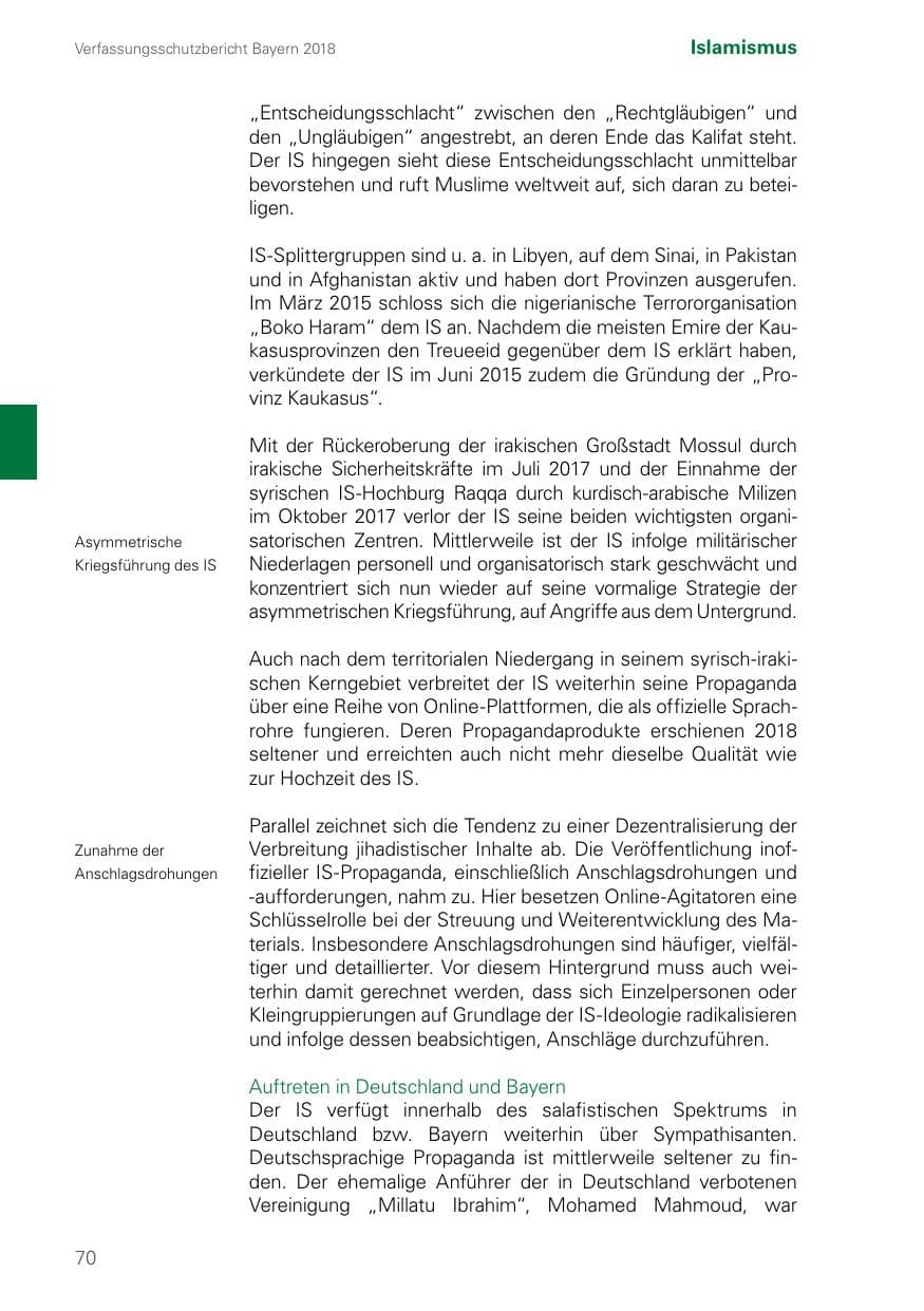 Seite 70 des Verfassungsschutzbericht 2018 Bayern