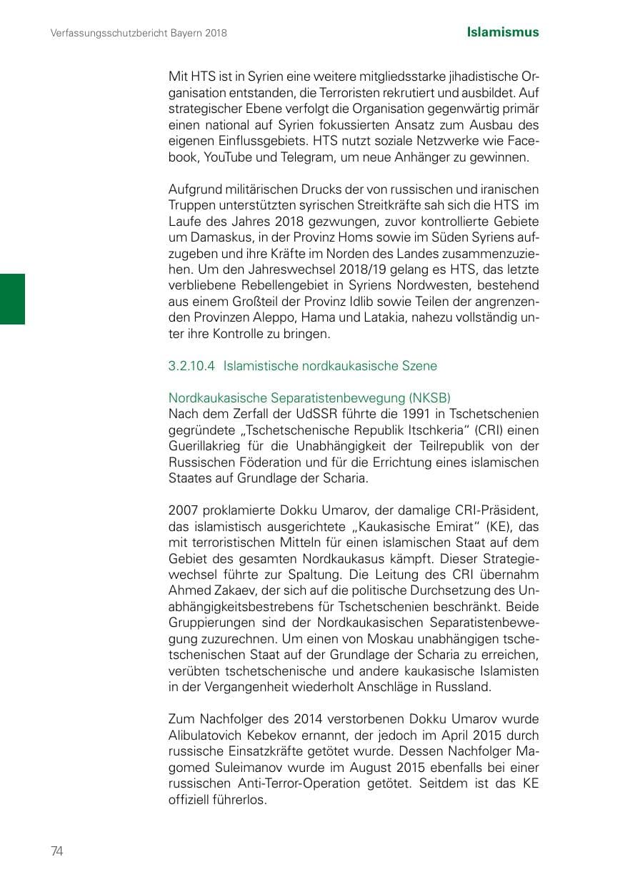 Seite 74 des Verfassungsschutzbericht 2018 Bayern