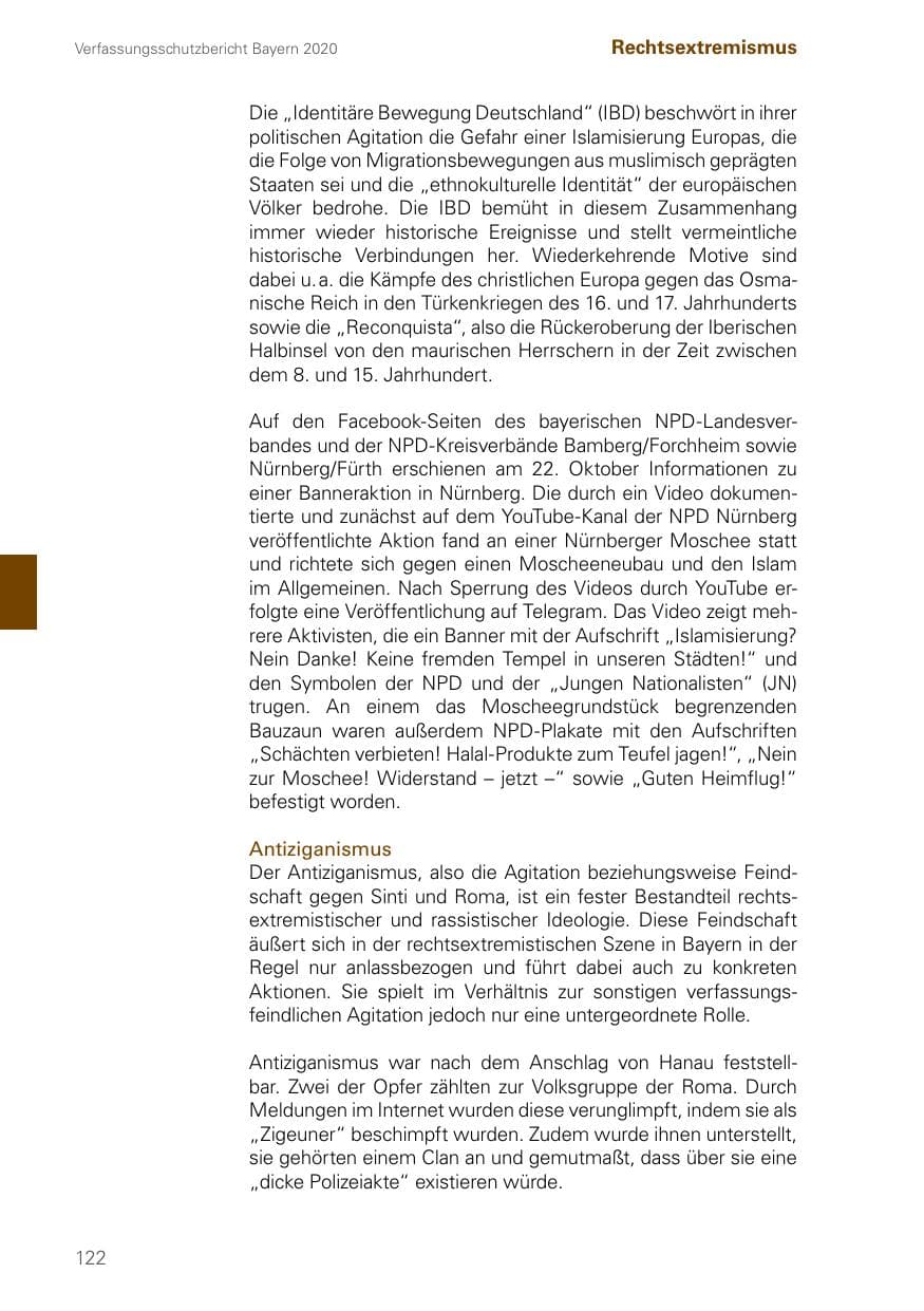 Seite 122 des Verfassungsschutzbericht 2020 Bayern