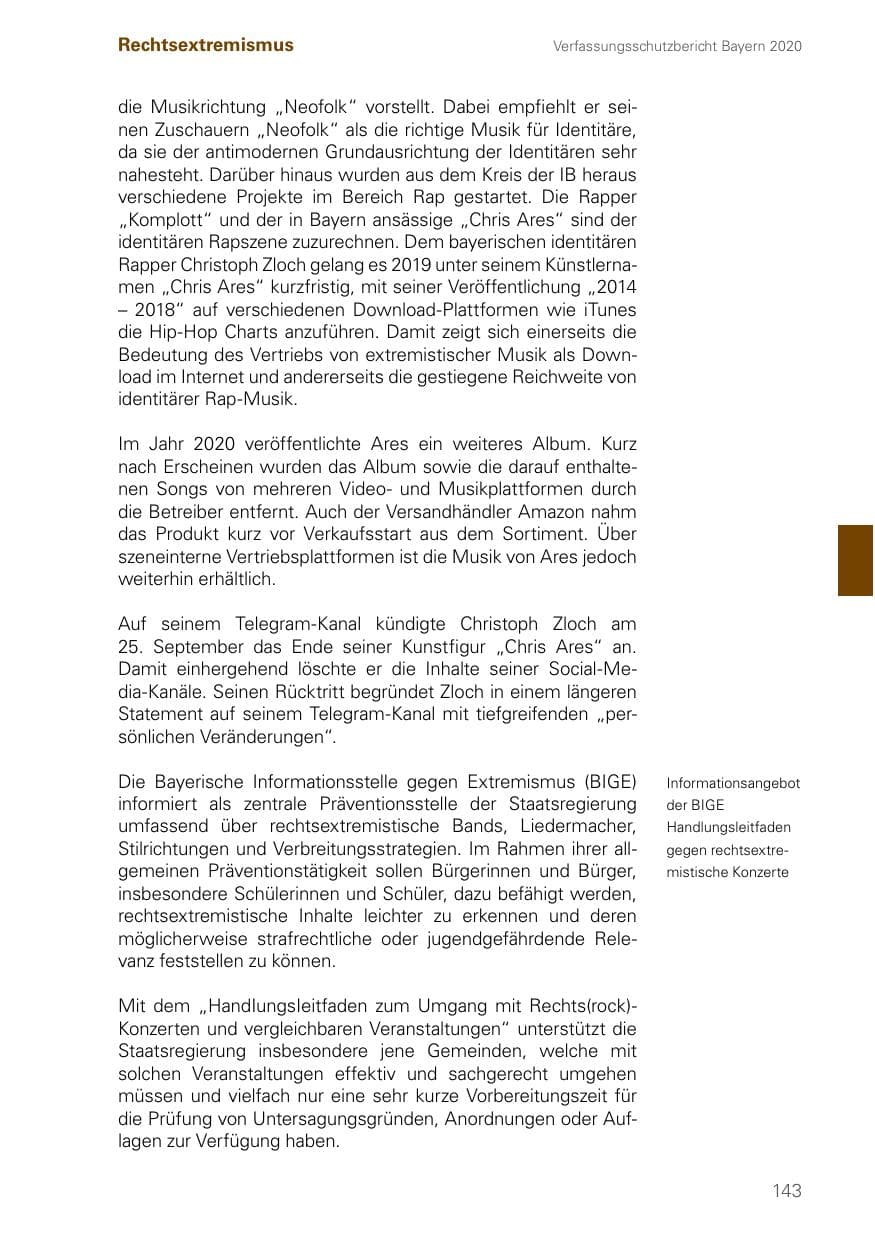 Seite 143 des Verfassungsschutzbericht 2020 Bayern