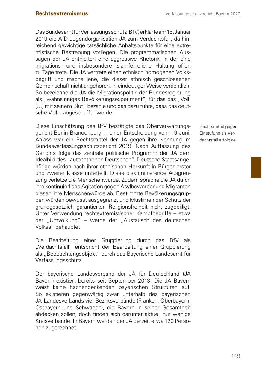 Seite 149 des Verfassungsschutzbericht 2020 Bayern