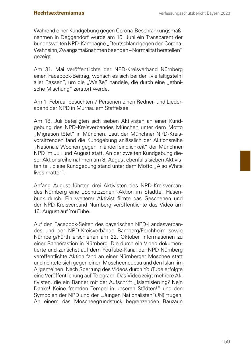 Seite 159 des Verfassungsschutzbericht 2020 Bayern