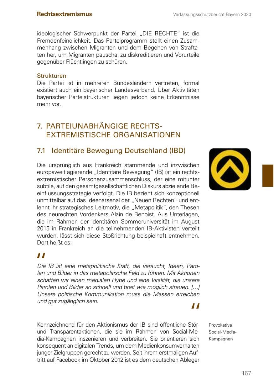 Seite 167 des Verfassungsschutzbericht 2020 Bayern