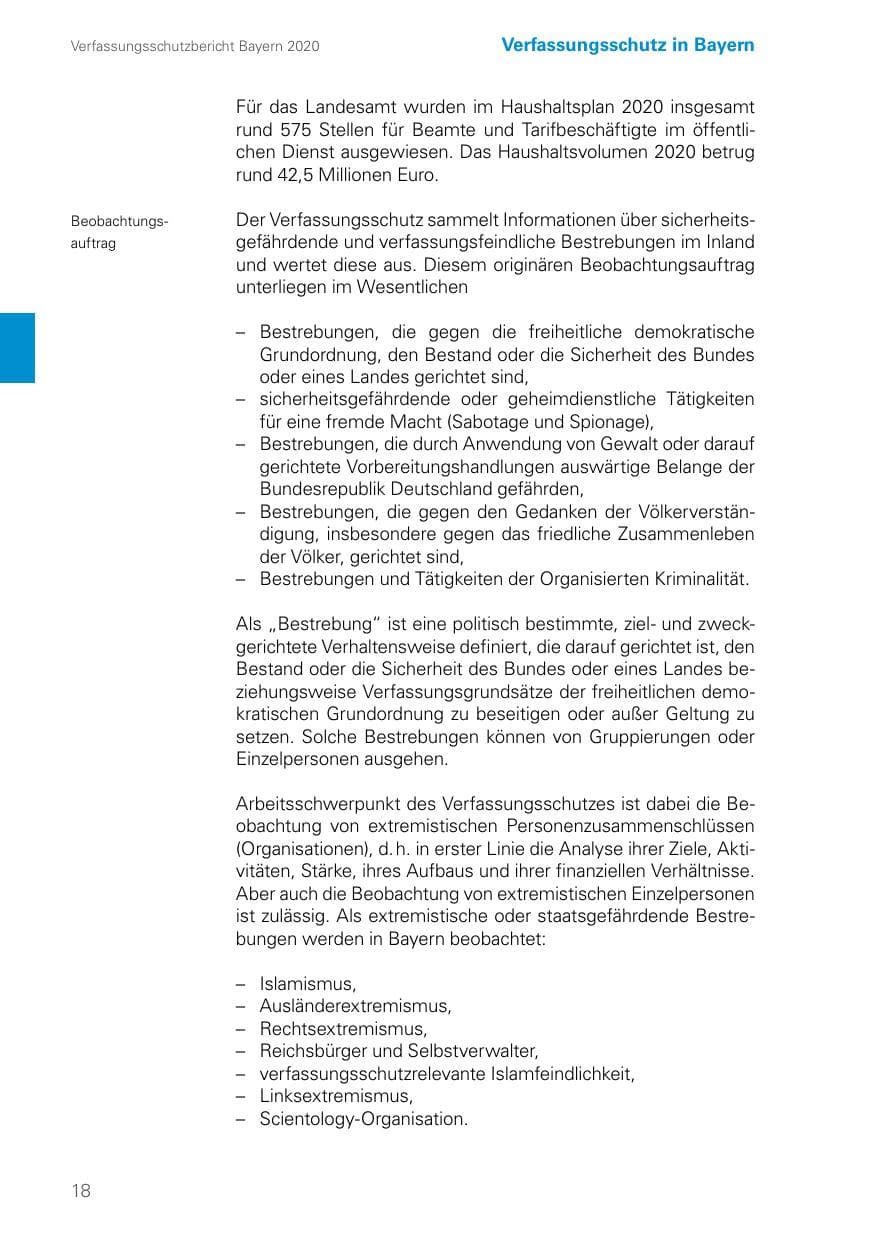 Seite 18 des Verfassungsschutzbericht 2020 Bayern