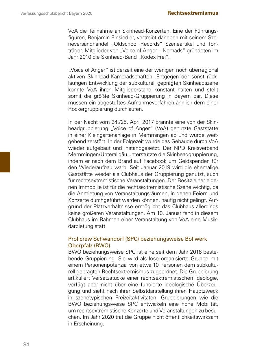 Seite 184 des Verfassungsschutzbericht 2020 Bayern