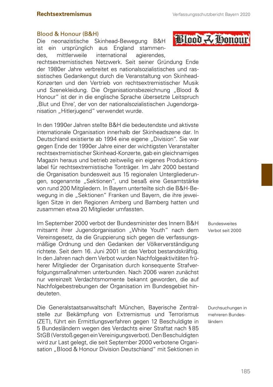 Seite 185 des Verfassungsschutzbericht 2020 Bayern