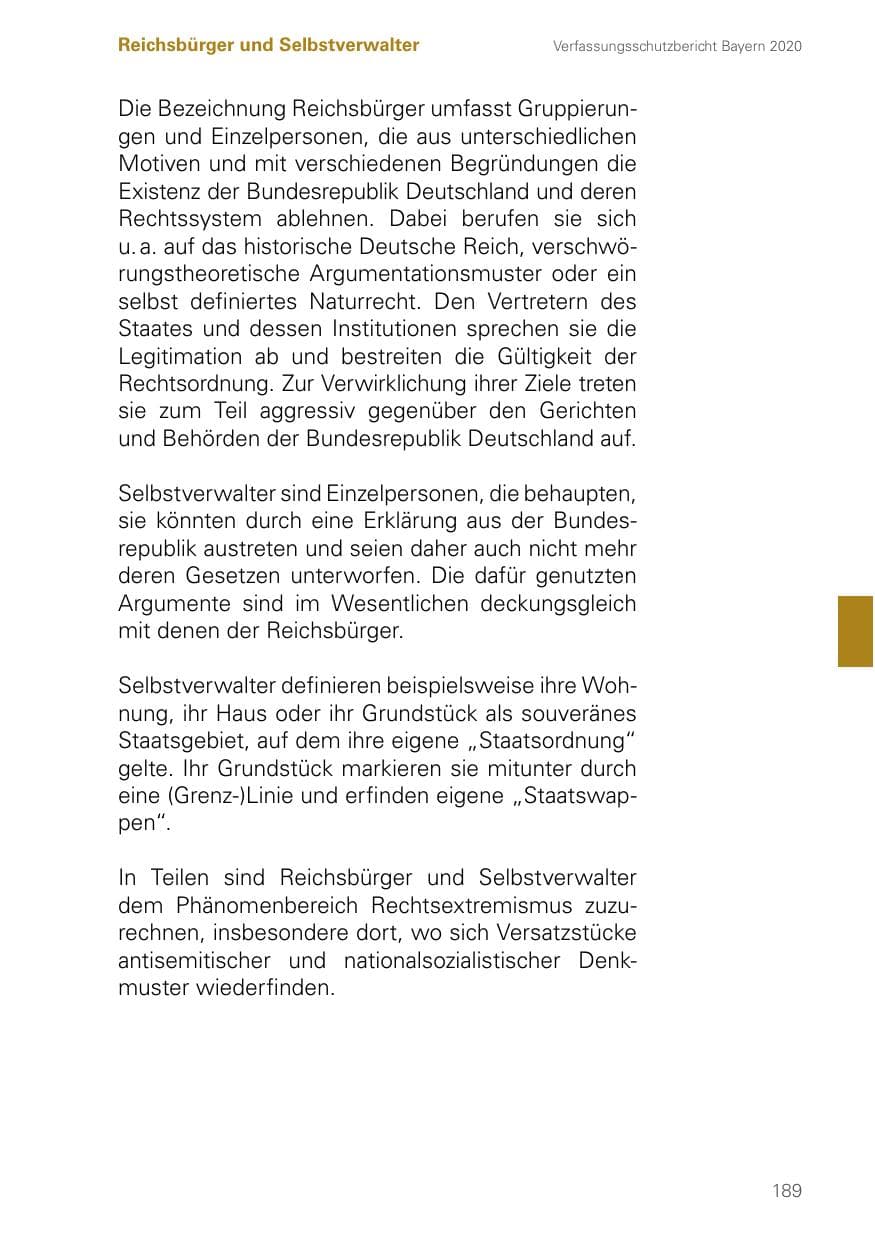 Seite 189 des Verfassungsschutzbericht 2020 Bayern