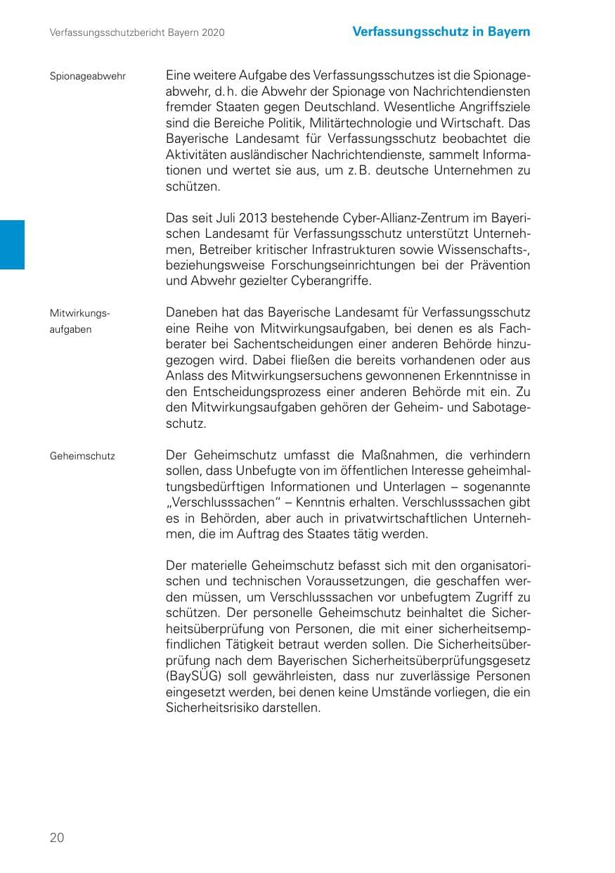Seite 20 des Verfassungsschutzbericht 2020 Bayern