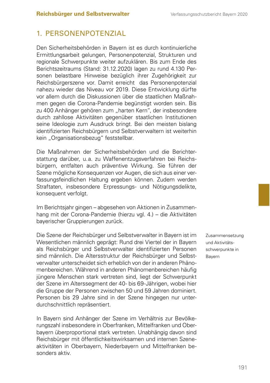 Seite 191 des Verfassungsschutzbericht 2020 Bayern