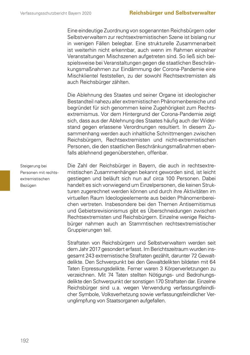Seite 192 des Verfassungsschutzbericht 2020 Bayern