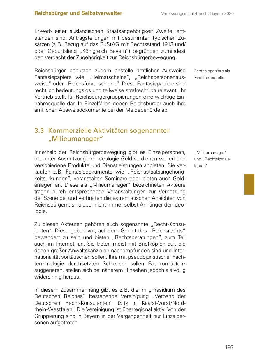 Seite 197 des Verfassungsschutzbericht 2020 Bayern