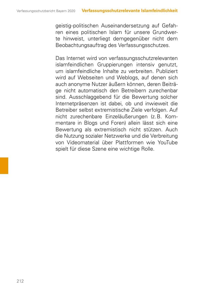 Seite 212 des Verfassungsschutzbericht 2020 Bayern