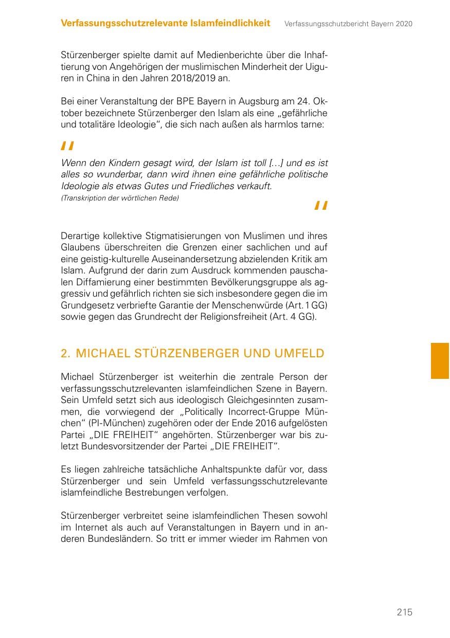 Seite 215 des Verfassungsschutzbericht 2020 Bayern