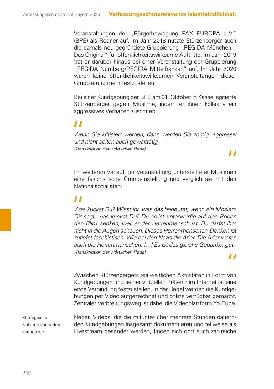 Seite 216 des Verfassungsschutzbericht 2020 Bayern