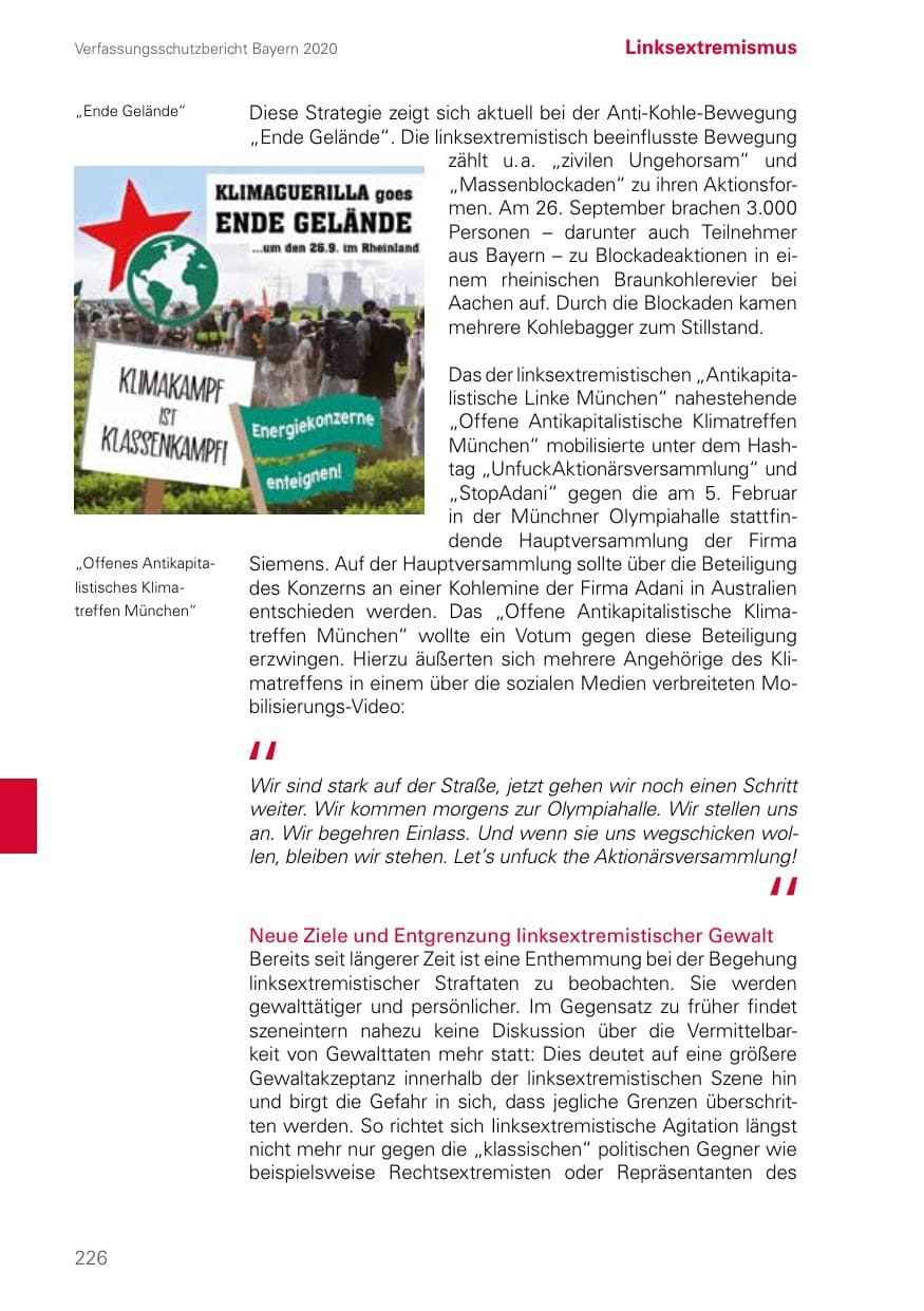 Seite 226 des Verfassungsschutzbericht 2020 Bayern