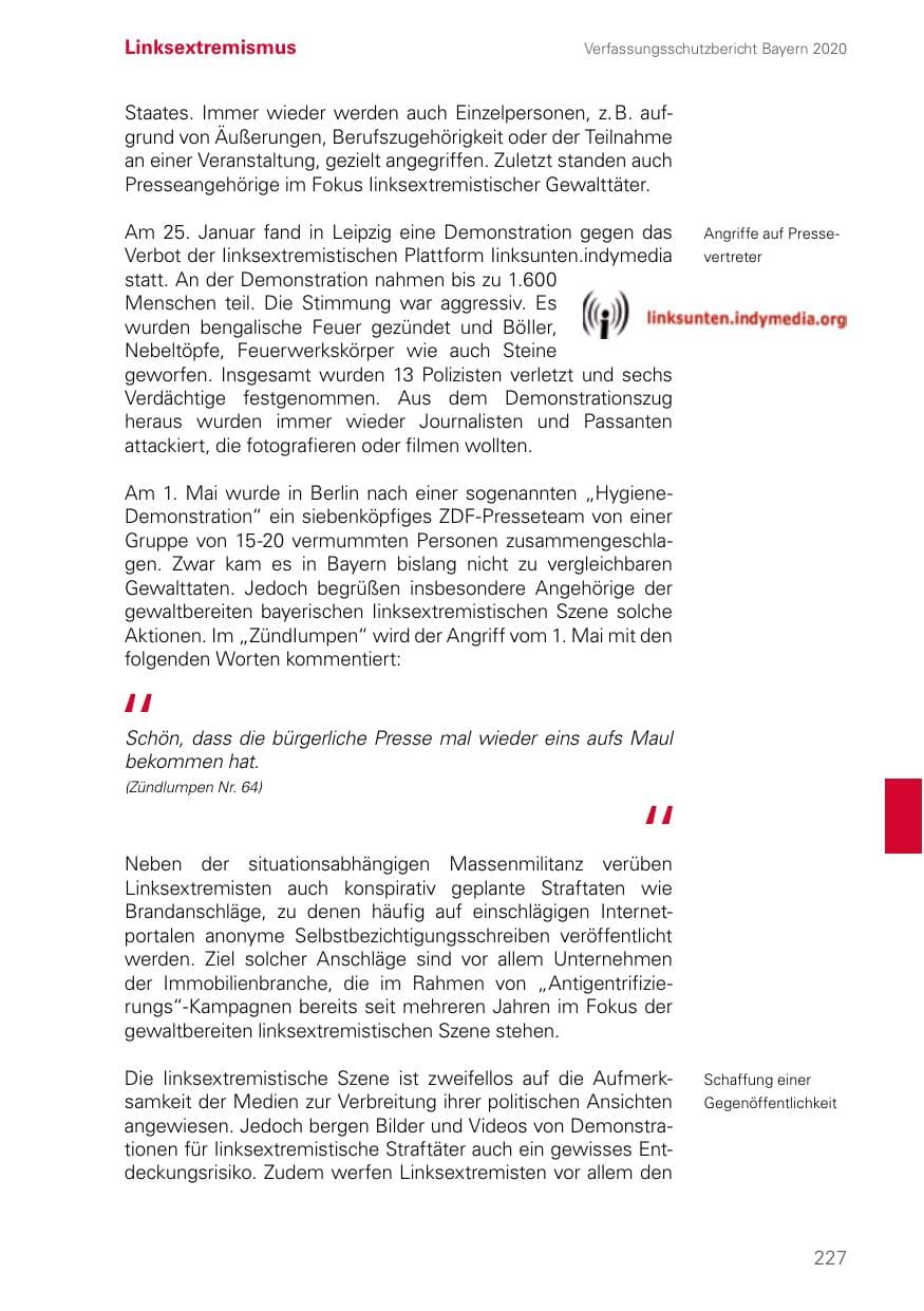 Seite 227 des Verfassungsschutzbericht 2020 Bayern